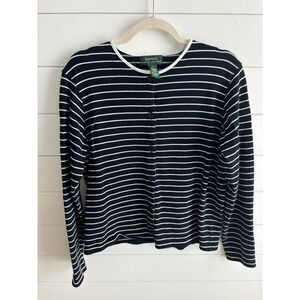Lauren Ralph Lauren Striped Button Front Cardigan Sweater Women L Cotton